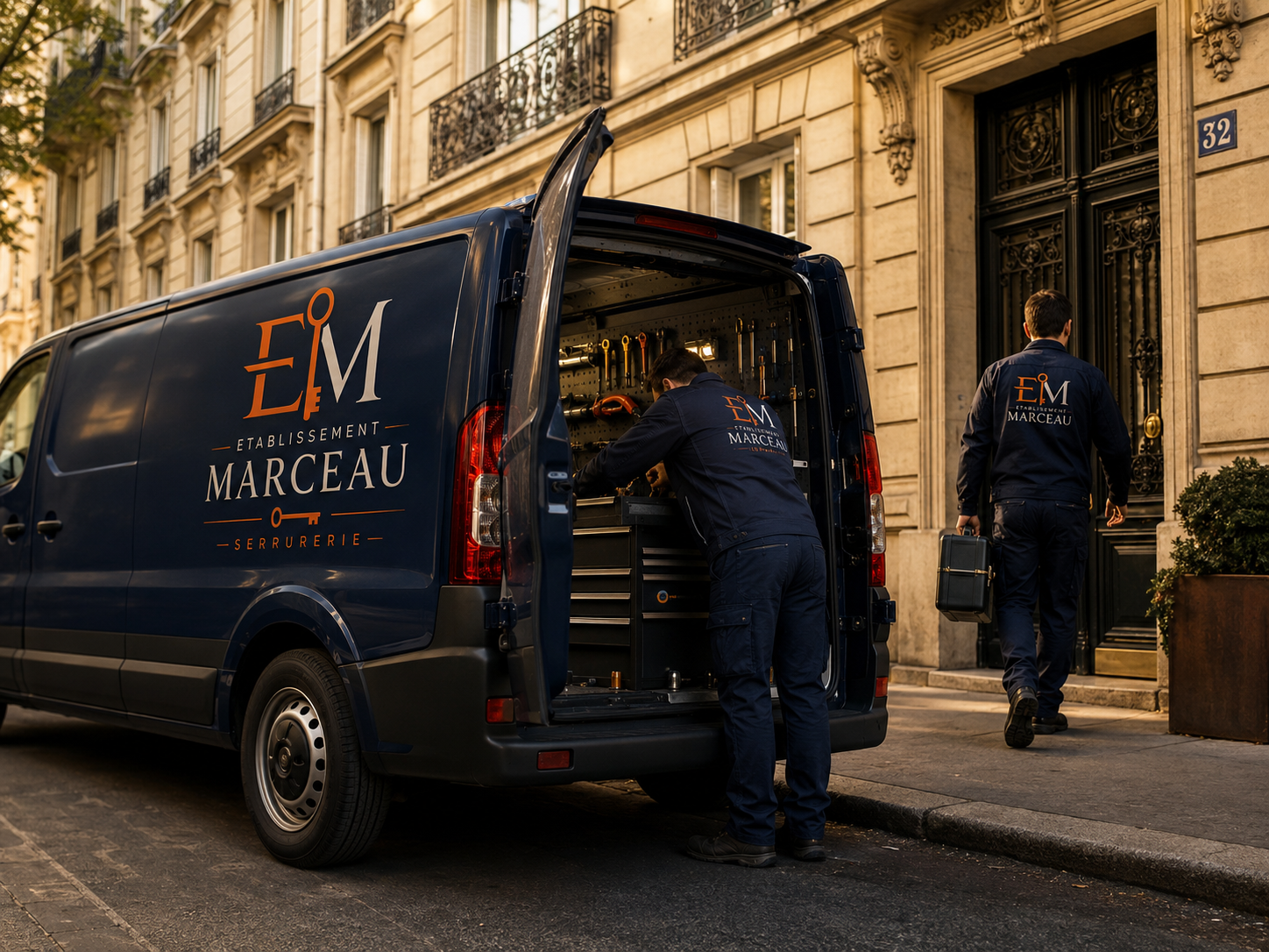Camion d'intervention Établissement Marceau devant un immeuble parisien