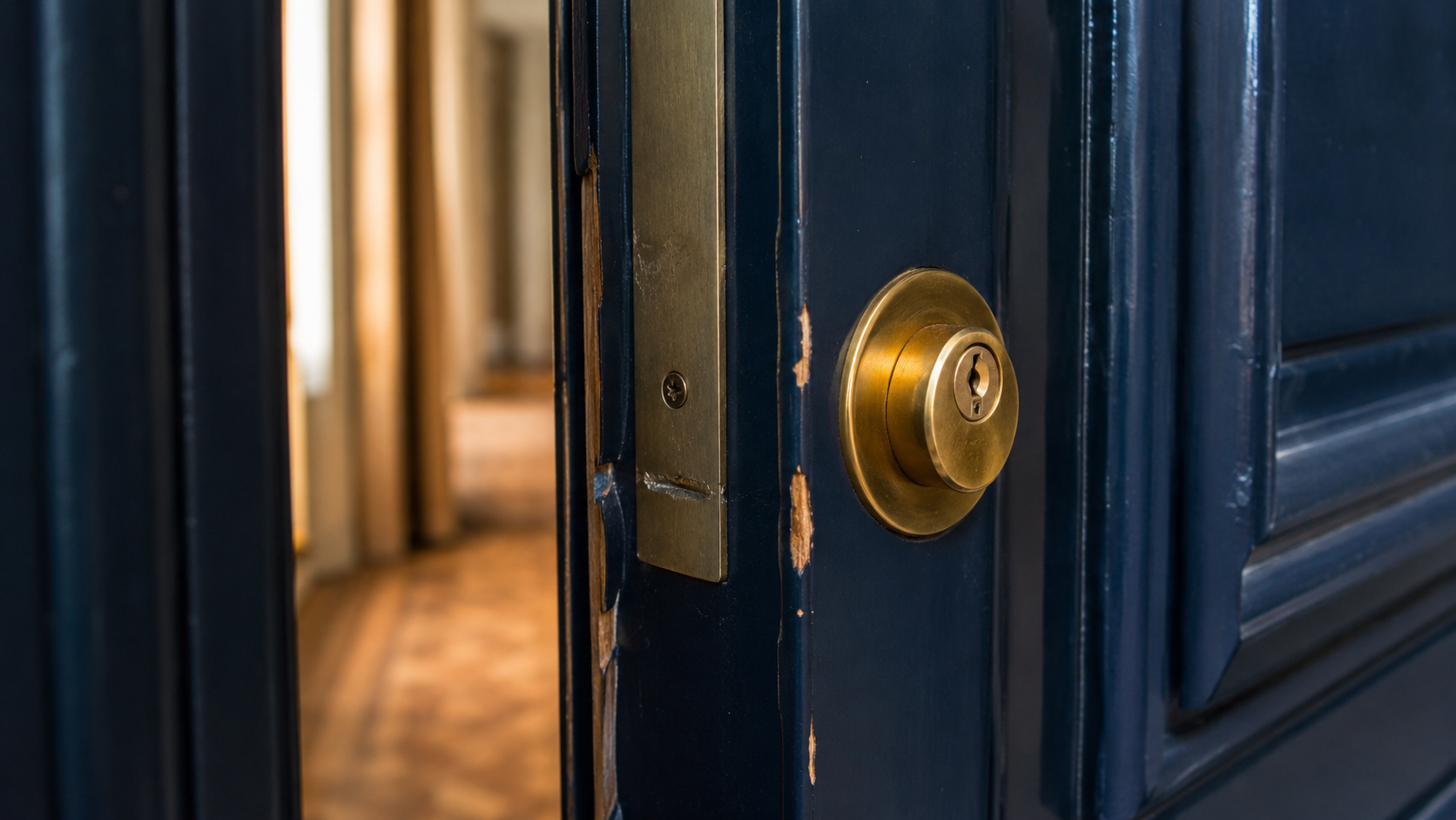Porte d'appartement endommagée après une tentative d'effraction